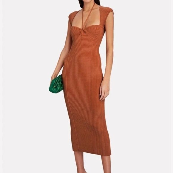 NWT Jonathan Simkhai Womens Florence Brown Ribbed Knit Bodycon Midi Dress LARGE - Picture 1 of 11